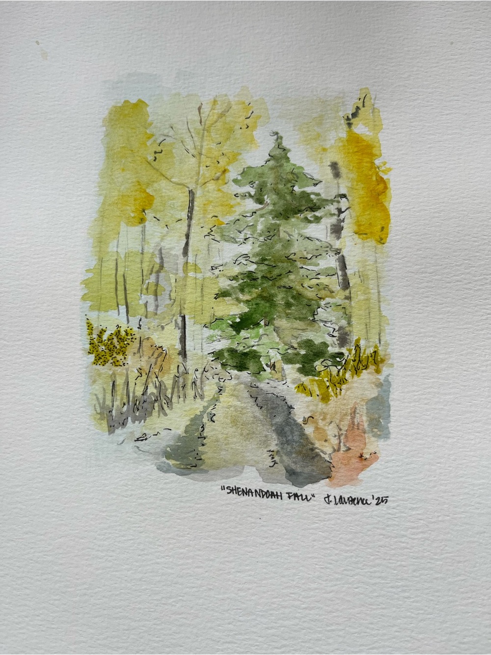 Shenandoah Fall Watercolor Tree Art - Green and Yellow